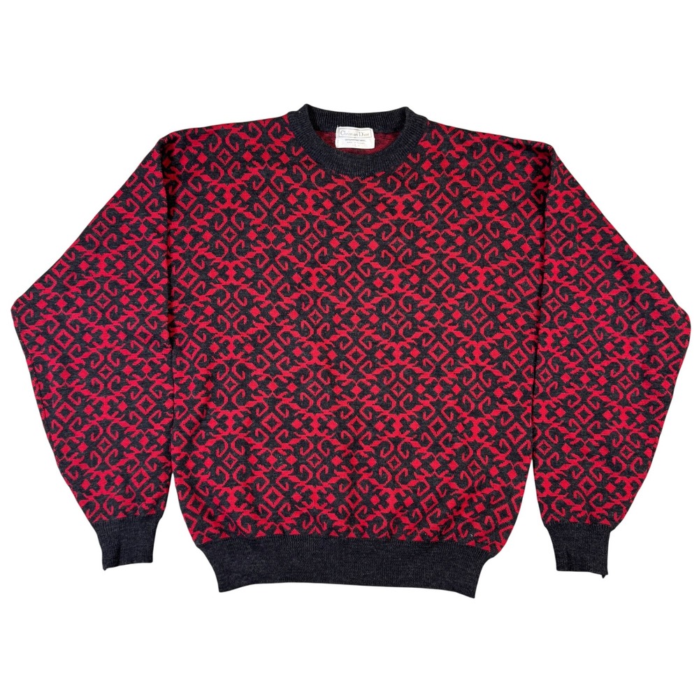 Christian Dior Monsieur Vintage Red Grey Merino Wool Geometric Sweater Large